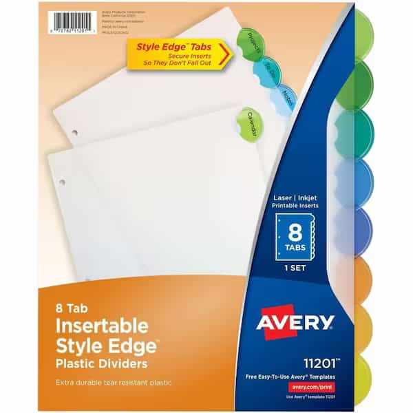 Avery Style Edge Clear Plastic Insertable Divider, 8.5"x11", 8 Tabs, White/Multicolor