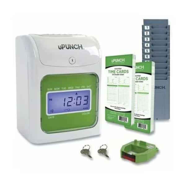 uPunch Electronic Time Clock w/ 100 Time Cards, 2 Keys, 1 Ribbon & 1 Rack, White & Green