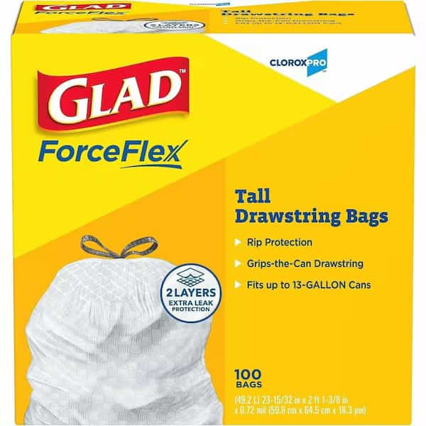 13 gal Trash Bags, 9 mil (229 Micron), White, 100 PK, Glad, Mfr#: CLO78526