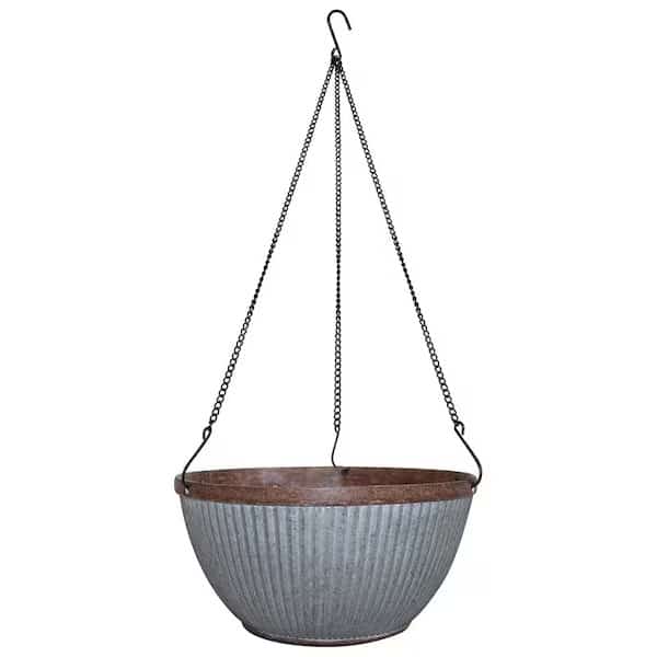 Westlake Hanging Basket, Grooved Pattern, Resin, Rustic Galvanized