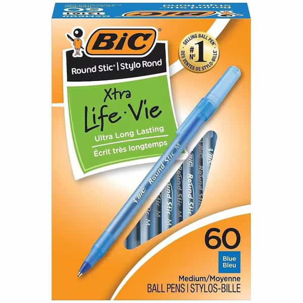 Bic Round Stic Ballpoint Pen, Medium, Blue Ink, 60/Box