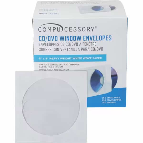 Compucessory CD/DVD Window Envelopes, 26501, 5" X 5", 250/Box, White