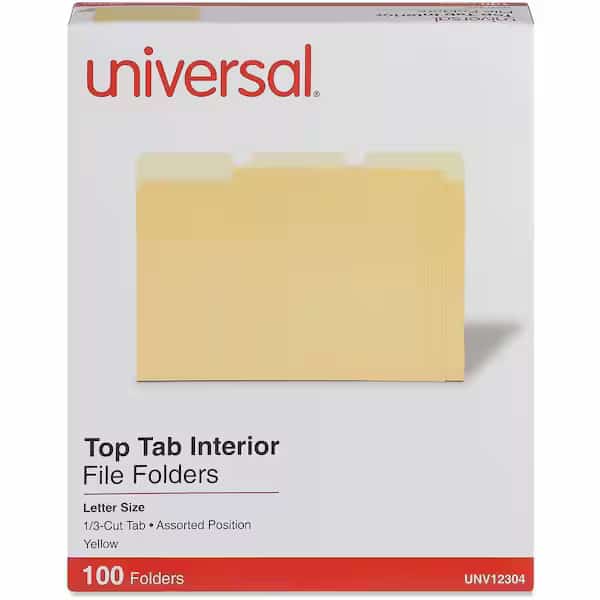 Universal Recycled Interior File Folders, 1/3 Cut Top Tab, Letter, Yellow, 100/Box