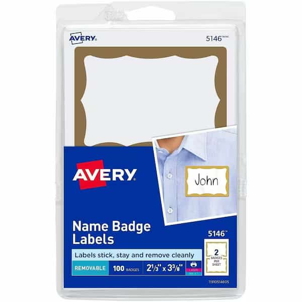 Avery Name Badge Labels With Gold Border, 2-11/32" x 3-3/8"
