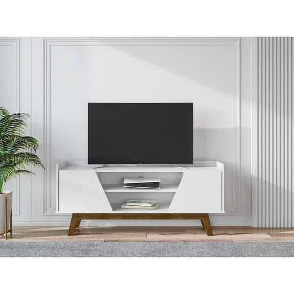 Mid-Century Modern Marcus 53.14 TV Stand with Solid Wood Legs in White