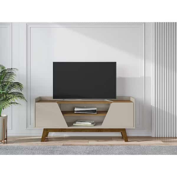 Mid-Century Modern Marcus 53.14 TV Stand with Solid Wood Legs in Greige and Nature