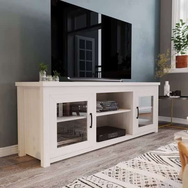 Gray Wash Oak TV Stand - Glass Fronted Doors 65"