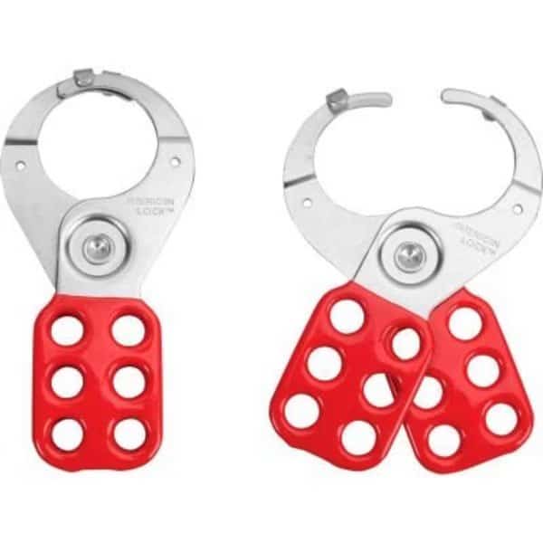 Master Lock Safety Hasp, 1-1/2in diameter steel jaws with locking tabs, Red