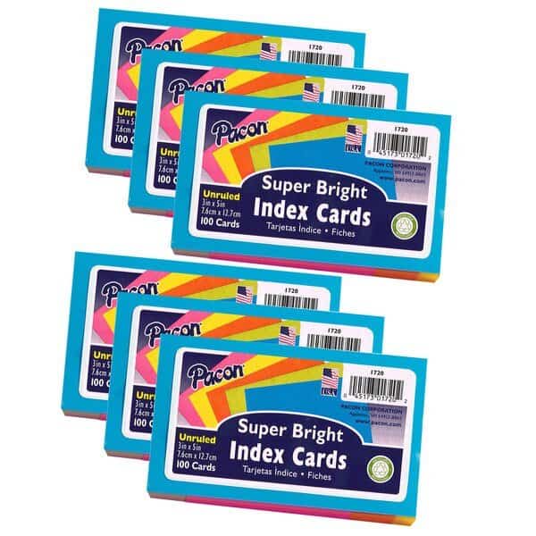Index Cards, 5 Assorted Colors, Unruled, 3" x 5", 100 Cards/Pk, PK6