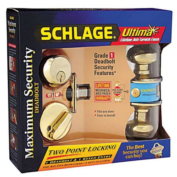 Schlage Georgian Bright Brass Deadbolt and Entry Door Knob 1-3/4 in.