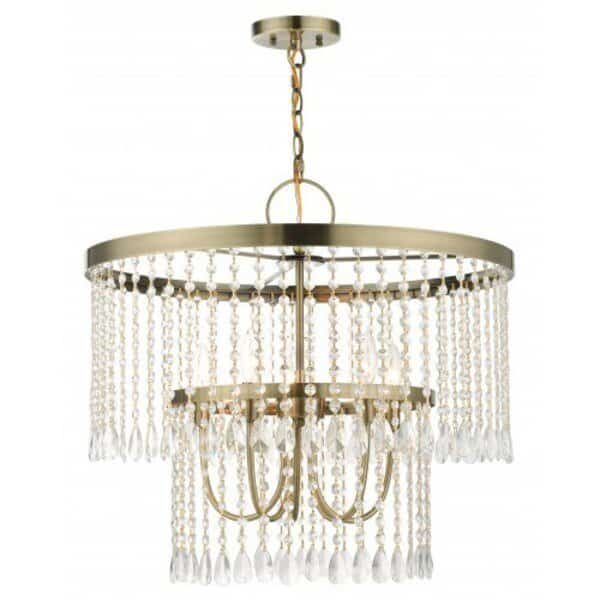 Antique Brass Pendant Chandelier, 5 Light