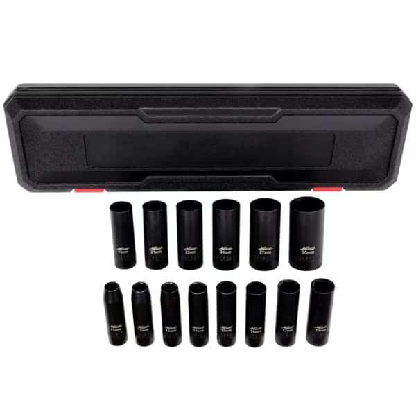 1/2 in. Drive Deep 6-Point Impact Socket Set, 11-30mm Metric, Black Oxide Finish 14-Piece