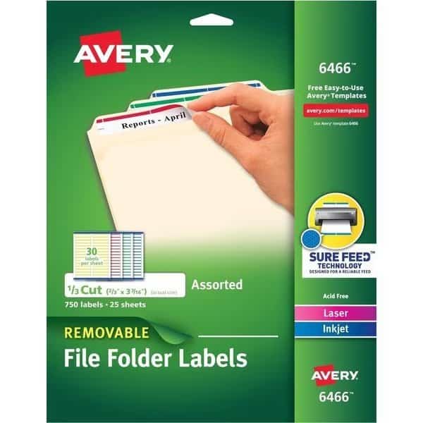 Filing Labels, Laser/Inkjet, Removable, 2/3"x3-7/16", 750/PK, Ast PK