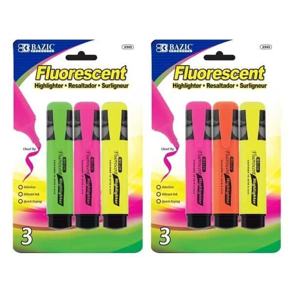 Fluorescent Highlighters with Pocket Clip; Pack of 3 - Case of 24