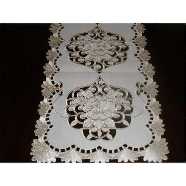RC0446-1490 14 x 90 in. Embroidered Roses And Lacy Cutwork Table Runner, Ivory