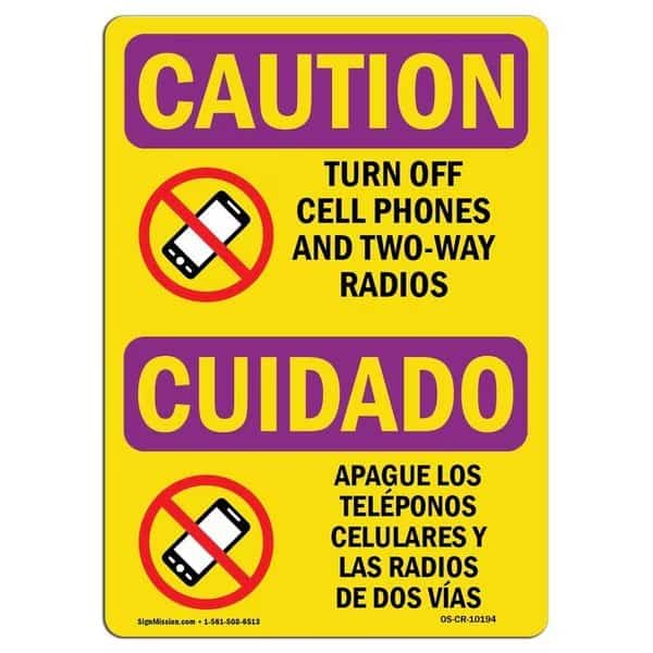 OSHA RADIATION, Turn Off Cell Phones Bilingual, 5in X 3.5in Decal, 10PK, OS-CR-D-35-L-10194-10PK, Signmission, Mfr#: OS-CR-D-35-L-10194-10PK