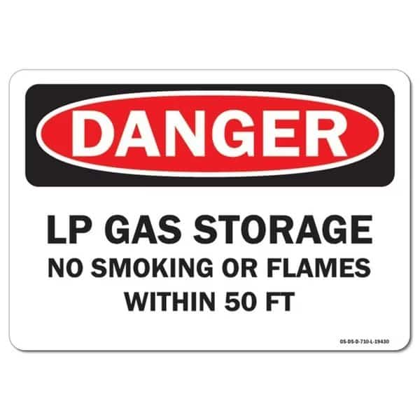 OSHA Sign, 7" H, 10" W, Aluminum, LP Gas Storage No Smoking or Flames with-in 50 FT., Landscape