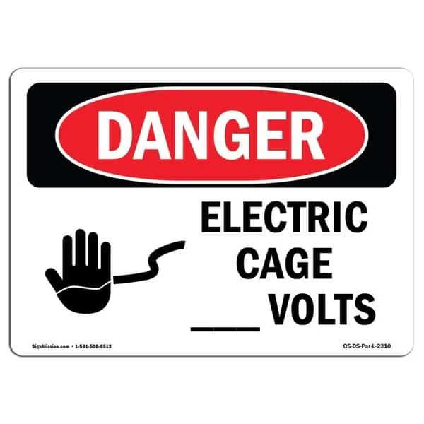 Safety Sign, OSHA Danger, 5" Height, 7" Width, Electric Cage Volts, Landscape