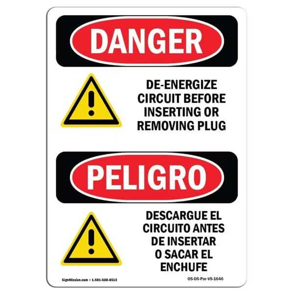 Safety Sign, OSHA Danger, 24" Height, Aluminum, De-Energize Circuit Bilingual Spanish