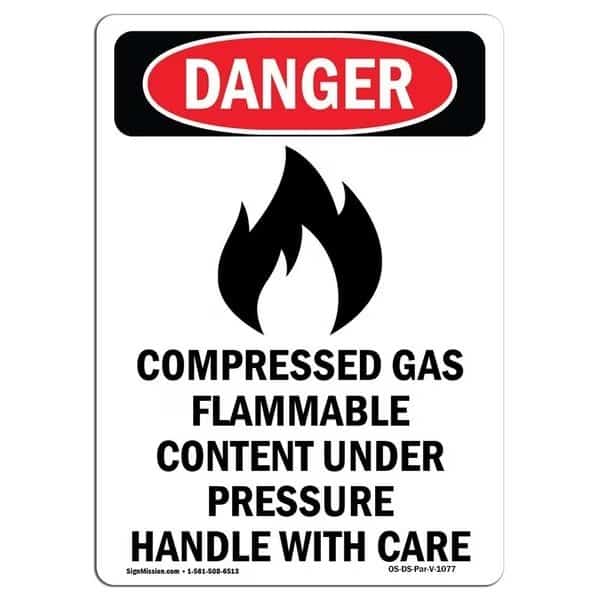Safety Sign, OSHA Danger, 14" Height, Compressed Gas Flammable, Portrait