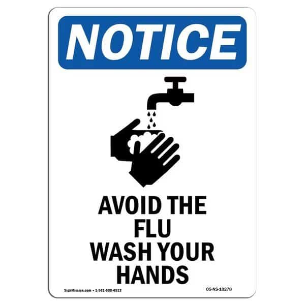 OSHA Notice Sign, Avoid The Flu Wash With Symbol, 14in X 10in Aluminum, 10" W, 14" L, Portrait, Signmission, Mfr#: OS-NS-A-1014-V-10278