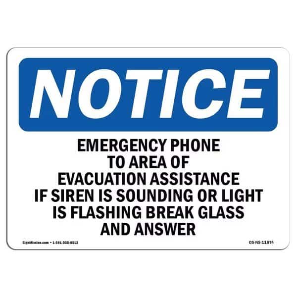 OSHA Notice Sign, 12" Height, Emergency Phone To Area Of Evacuation Assistance Sign, Landscape