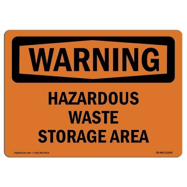 OSHA Warning Sign, 12" Height, 18" Width, Rigid Plastic, Hazardous Waste Storage Area, Landscape