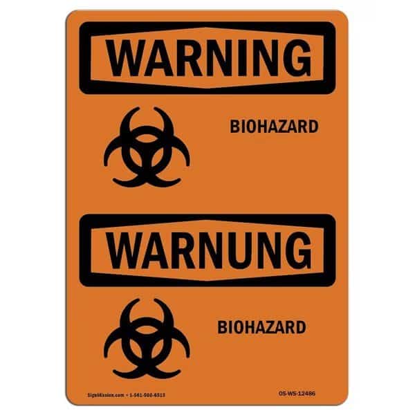 OSHA Warning Sign, 10" H, 14" W, Rigid Plastic, Biohazard Bilingual, Landscape, WS-P-1014-L-12486