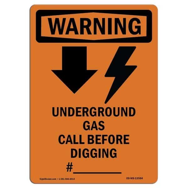 OSHA WARNING Sign, Underground Gas Call W/ Symbol, 18in X 12in Aluminum, 12" W, 18" L, Portrait