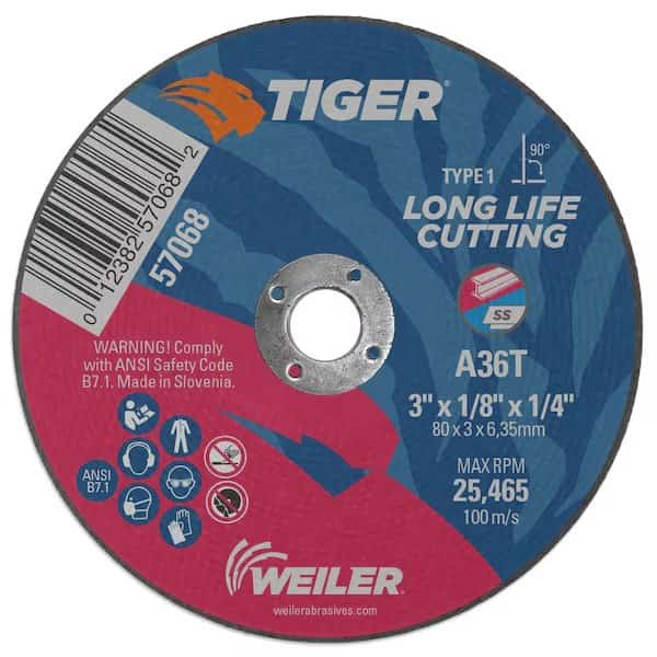 3" x 1/8" TIGER AO Type 1 Cutting Wheel, A36S, 1/4" A.H.