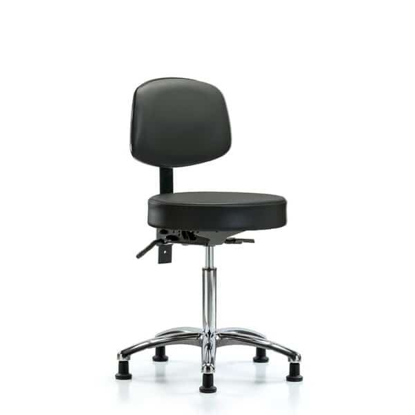 Vinyl Stool, Back Chrome, Med Bench, Tilt, Glides, Carbon