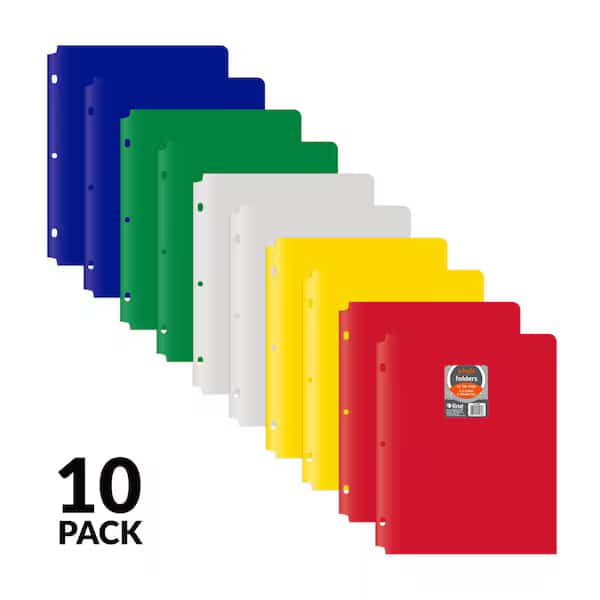 TwoPocket Heavyweight Poly Portfolio Folder with ThreeHole Punch, Assorted Primary Colors, 10PK