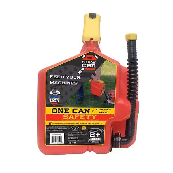 Gas Can, HDPE, 2 gal, Flexible Rotating Nozzle, Self Venting, Thumb Trigger, Red, Gasoline